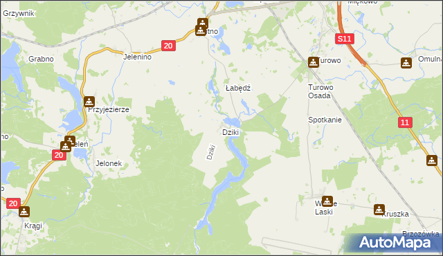 mapa Dziki gmina Szczecinek, Dziki gmina Szczecinek na mapie Targeo