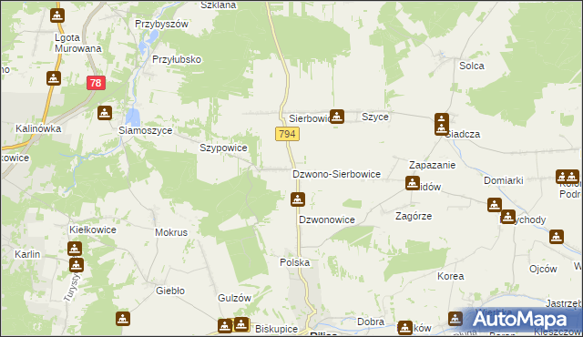 mapa Dzwono-Sierbowice, Dzwono-Sierbowice na mapie Targeo