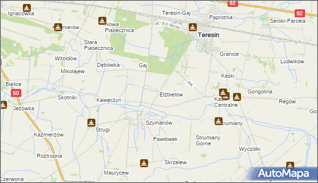 mapa Elżbietów gmina Teresin, Elżbietów gmina Teresin na mapie Targeo