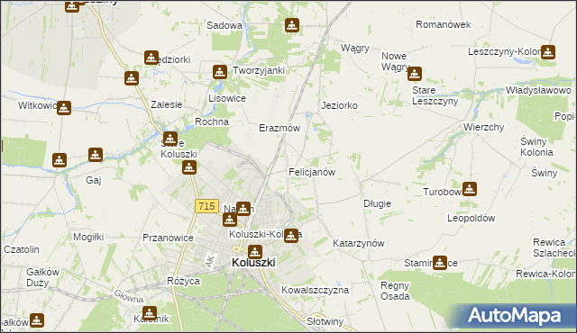 mapa Felicjanów gmina Koluszki, Felicjanów gmina Koluszki na mapie Targeo