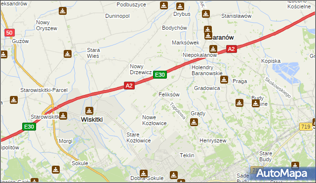 mapa Feliksów gmina Wiskitki, Feliksów gmina Wiskitki na mapie Targeo