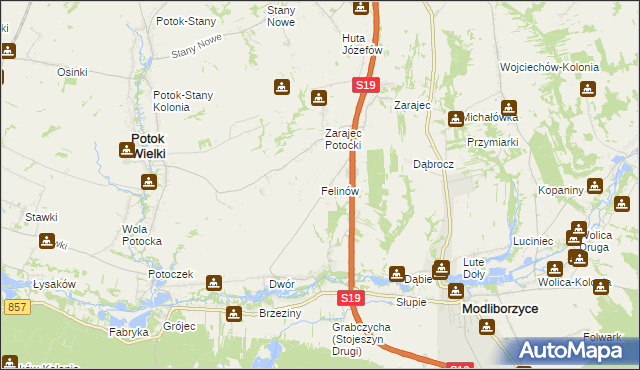 mapa Felinów gmina Modliborzyce, Felinów gmina Modliborzyce na mapie Targeo