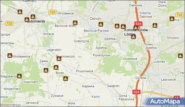 mapa Florentynów gmina Lutomiersk, Florentynów gmina Lutomiersk na mapie Targeo