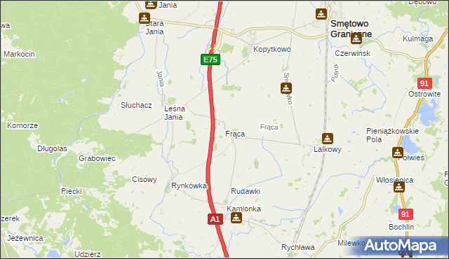 mapa Frąca gmina Smętowo Graniczne, Frąca gmina Smętowo Graniczne na mapie Targeo