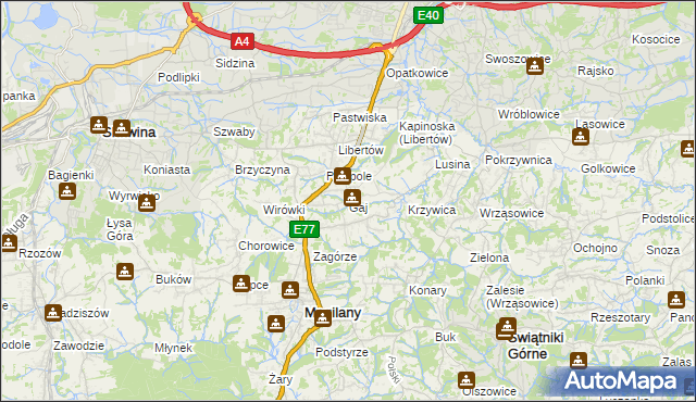 mapa Gaj gmina Mogilany, Gaj gmina Mogilany na mapie Targeo