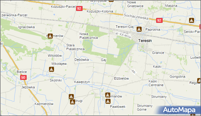 mapa Gaj gmina Teresin, Gaj gmina Teresin na mapie Targeo