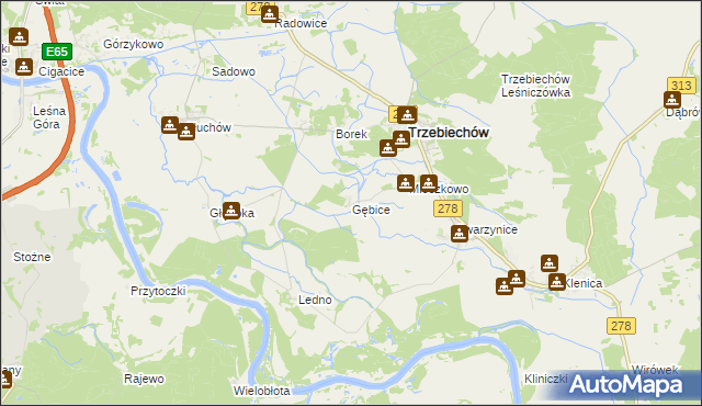mapa Gębice gmina Trzebiechów, Gębice gmina Trzebiechów na mapie Targeo