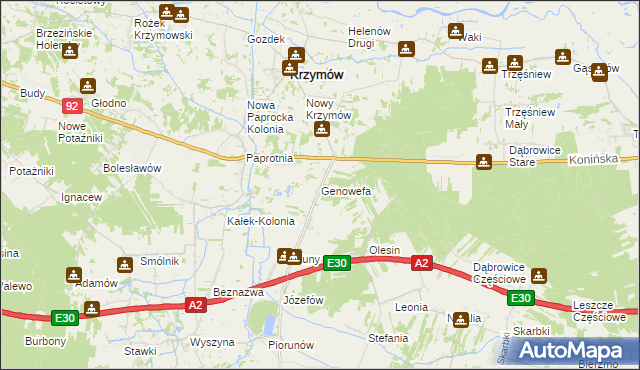mapa Genowefa gmina Krzymów, Genowefa gmina Krzymów na mapie Targeo