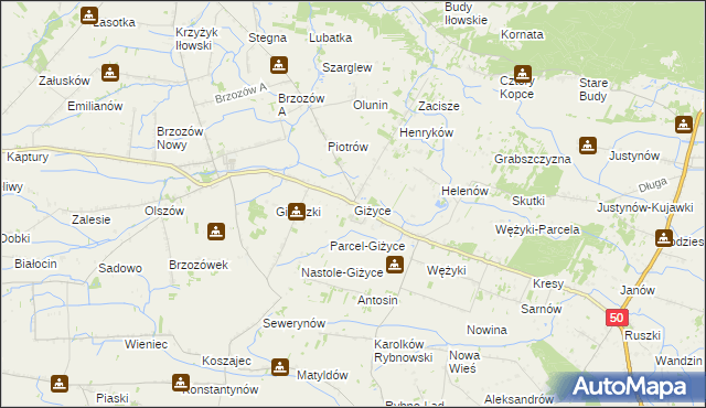 mapa Giżyce gmina Iłów, Giżyce gmina Iłów na mapie Targeo