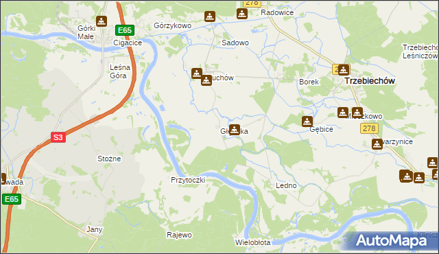 mapa Głęboka gmina Trzebiechów, Głęboka gmina Trzebiechów na mapie Targeo