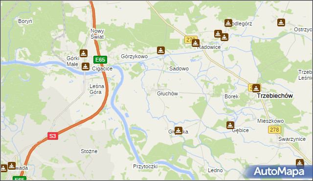 mapa Głuchów gmina Trzebiechów, Głuchów gmina Trzebiechów na mapie Targeo