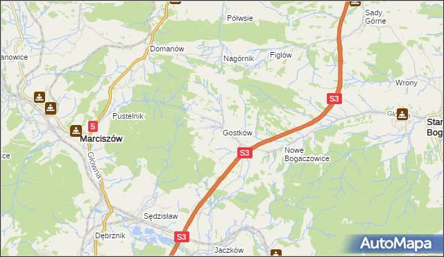 mapa Gostków gmina Stare Bogaczowice, Gostków gmina Stare Bogaczowice na mapie Targeo