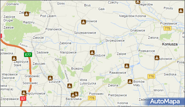 mapa Goszyce gmina Kocmyrzów-Luborzyca, Goszyce gmina Kocmyrzów-Luborzyca na mapie Targeo