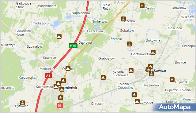 mapa Grabostów gmina Gorzkowice, Grabostów gmina Gorzkowice na mapie Targeo