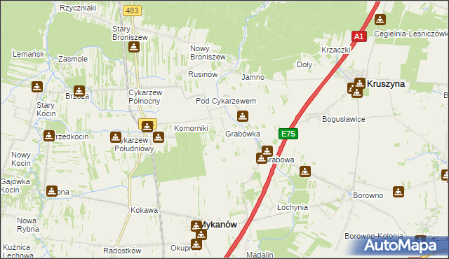 mapa Grabówka gmina Mykanów, Grabówka gmina Mykanów na mapie Targeo