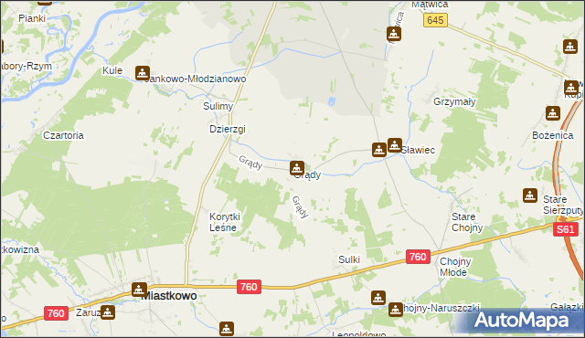 mapa Grądy gmina Nowogród, Grądy gmina Nowogród na mapie Targeo