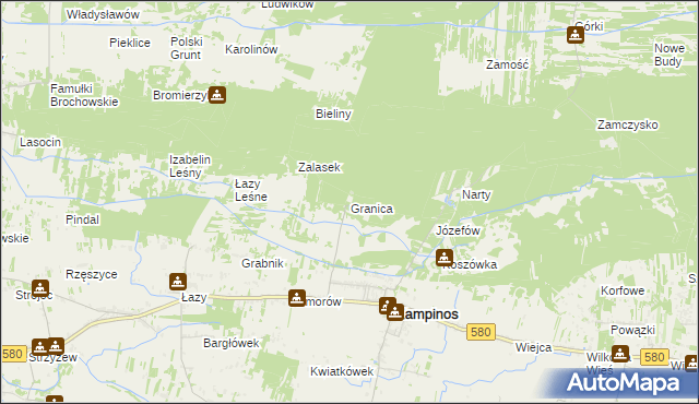 mapa Granica gmina Kampinos, Granica gmina Kampinos na mapie Targeo