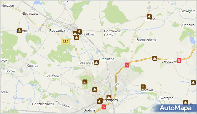mapa Graniczna gmina Strzegom, Graniczna gmina Strzegom na mapie Targeo