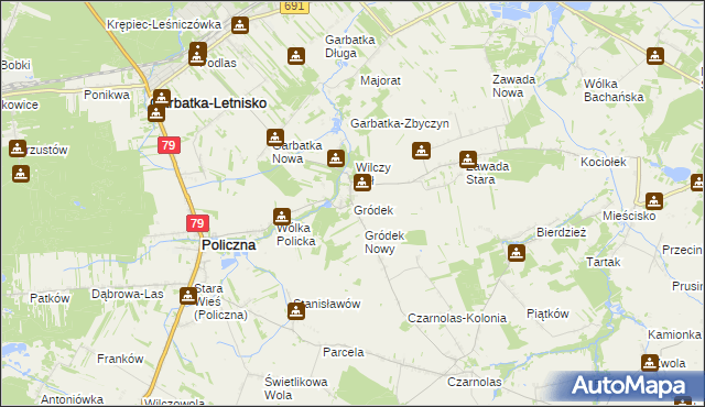 mapa Gródek gmina Policzna, Gródek gmina Policzna na mapie Targeo