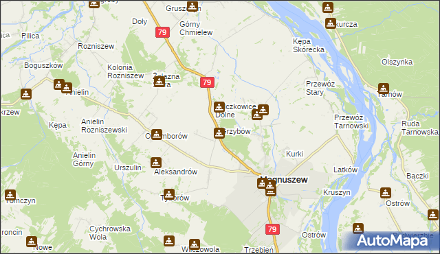 mapa Grzybów gmina Magnuszew, Grzybów gmina Magnuszew na mapie Targeo