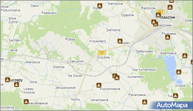 mapa Grzybów gmina Staszów, Grzybów gmina Staszów na mapie Targeo
