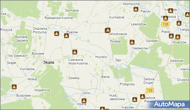 mapa Hucisko gmina Słupia Konecka, Hucisko gmina Słupia Konecka na mapie Targeo