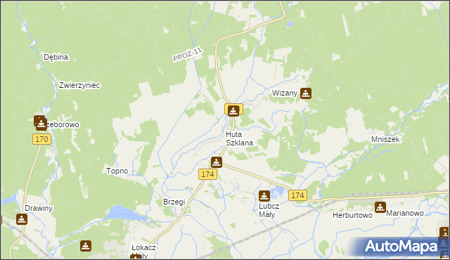 mapa Huta Szklana gmina Krzyż Wielkopolski, Huta Szklana gmina Krzyż Wielkopolski na mapie Targeo