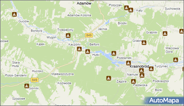 mapa Hutki gmina Krasnobród, Hutki gmina Krasnobród na mapie Targeo