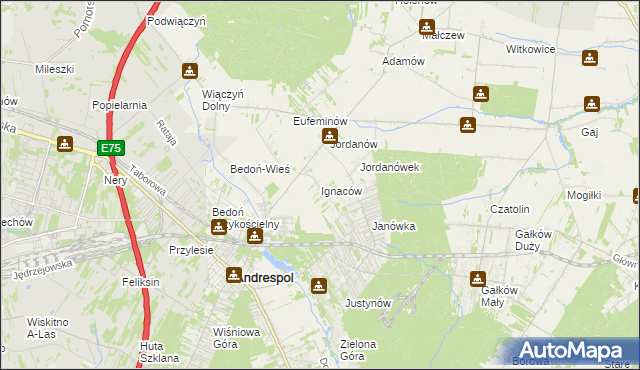 mapa Ignaców gmina Brzeziny, Ignaców gmina Brzeziny na mapie Targeo