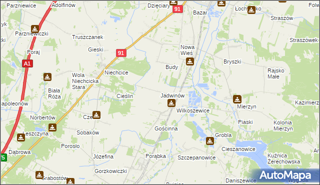 mapa Jadwinów gmina Gorzkowice, Jadwinów gmina Gorzkowice na mapie Targeo