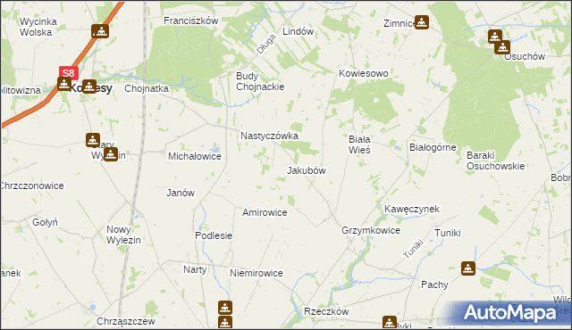 mapa Jakubów gmina Kowiesy, Jakubów gmina Kowiesy na mapie Targeo