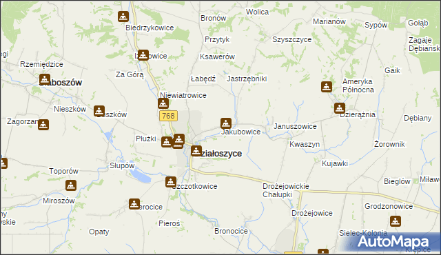 mapa Jakubowice gmina Działoszyce, Jakubowice gmina Działoszyce na mapie Targeo