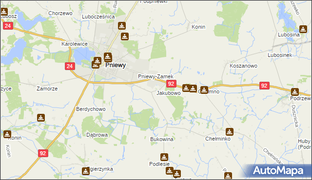 mapa Jakubowo gmina Pniewy, Jakubowo gmina Pniewy na mapie Targeo