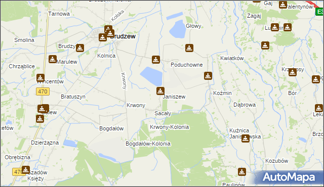 mapa Janiszew gmina Brudzew, Janiszew gmina Brudzew na mapie Targeo