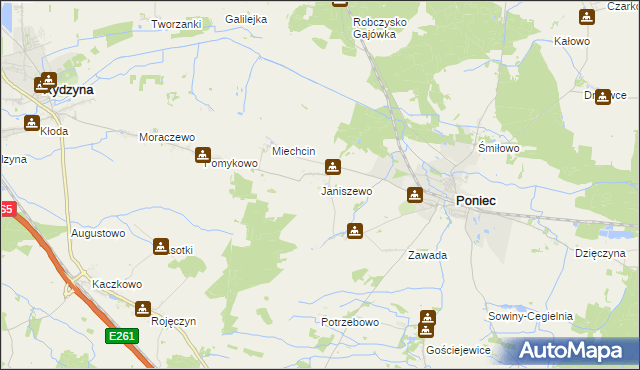 mapa Janiszewo gmina Poniec, Janiszewo gmina Poniec na mapie Targeo