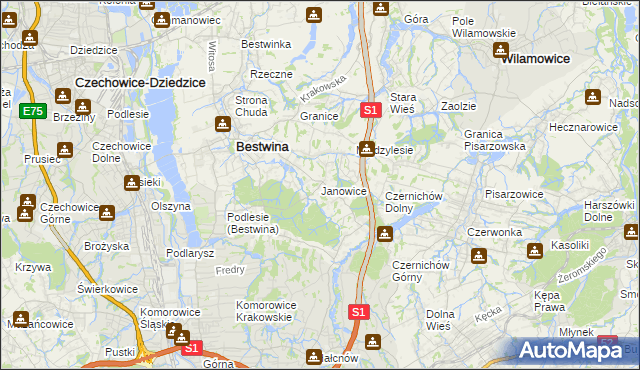 mapa Janowice gmina Bestwina, Janowice gmina Bestwina na mapie Targeo