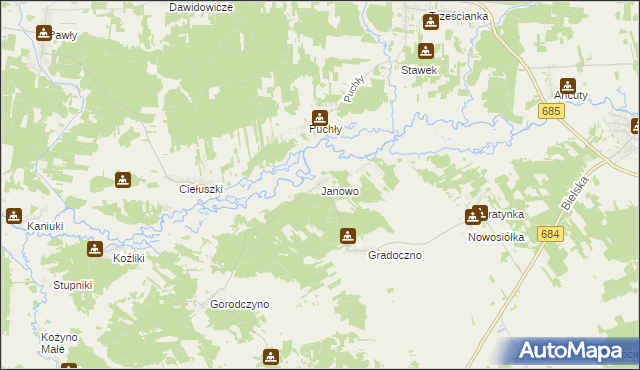 mapa Janowo gmina Narew, Janowo gmina Narew na mapie Targeo