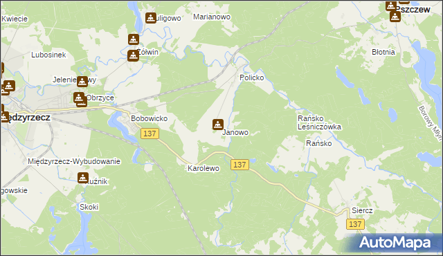 mapa Janowo gmina Pszczew, Janowo gmina Pszczew na mapie Targeo