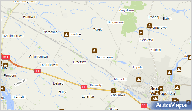 mapa Januszewo gmina Środa Wielkopolska, Januszewo gmina Środa Wielkopolska na mapie Targeo