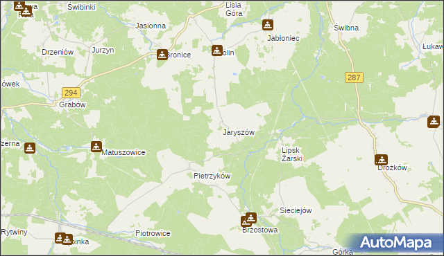 mapa Jaryszów gmina Jasień, Jaryszów gmina Jasień na mapie Targeo