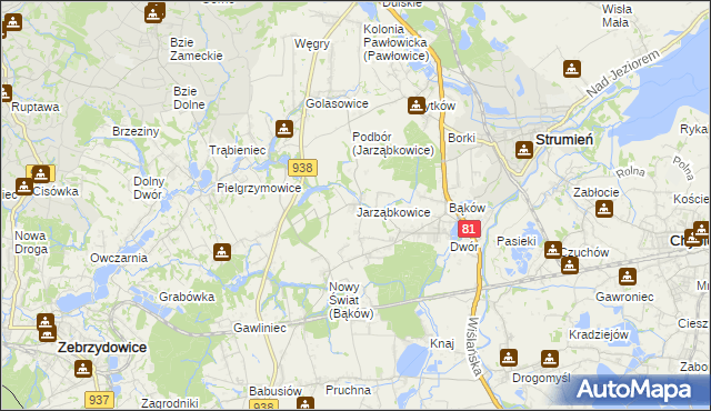 mapa Jarząbkowice gmina Pawłowice, Jarząbkowice gmina Pawłowice na mapie Targeo