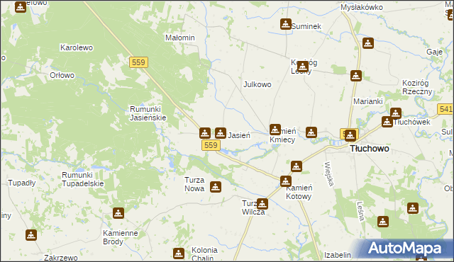 mapa Jasień gmina Tłuchowo, Jasień gmina Tłuchowo na mapie Targeo