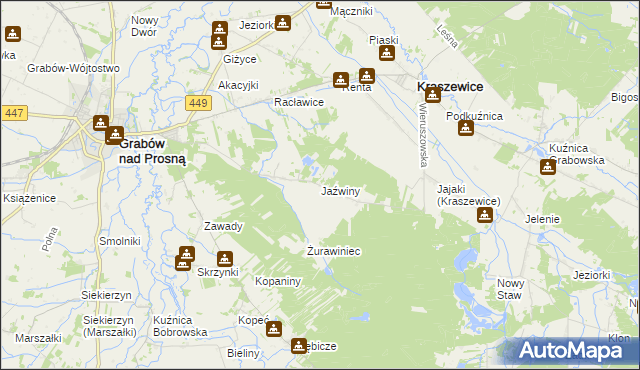 mapa Jaźwiny gmina Kraszewice, Jaźwiny gmina Kraszewice na mapie Targeo