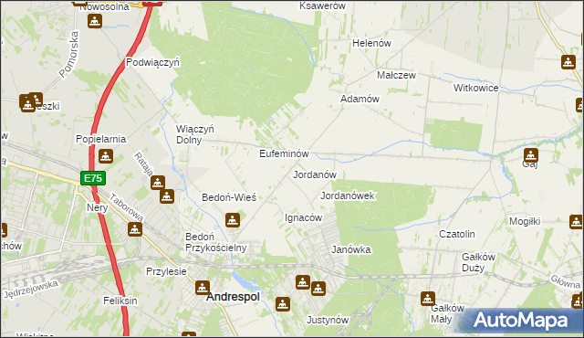 mapa Jordanów gmina Brzeziny, Jordanów gmina Brzeziny na mapie Targeo