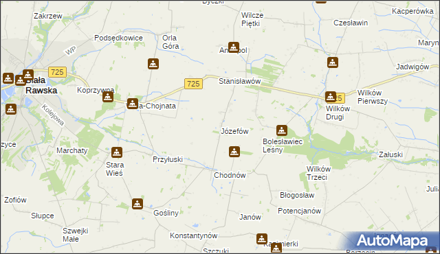 mapa Józefów gmina Biała Rawska, Józefów gmina Biała Rawska na mapie Targeo