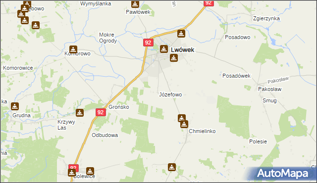 mapa Józefowo gmina Lwówek, Józefowo gmina Lwówek na mapie Targeo