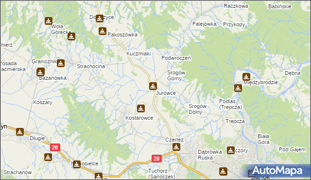 mapa Jurowce gmina Sanok, Jurowce gmina Sanok na mapie Targeo