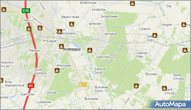 mapa Justynów gmina Andrespol, Justynów gmina Andrespol na mapie Targeo