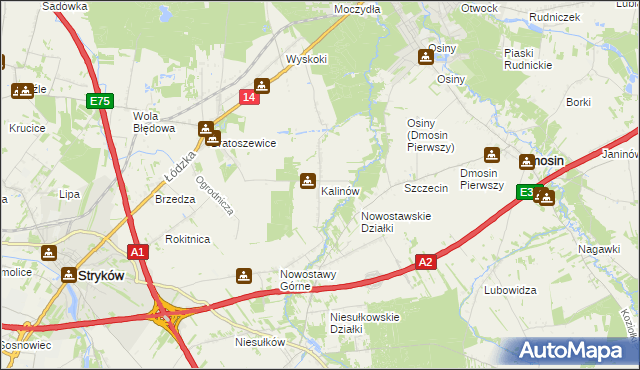 mapa Kalinów gmina Stryków, Kalinów gmina Stryków na mapie Targeo