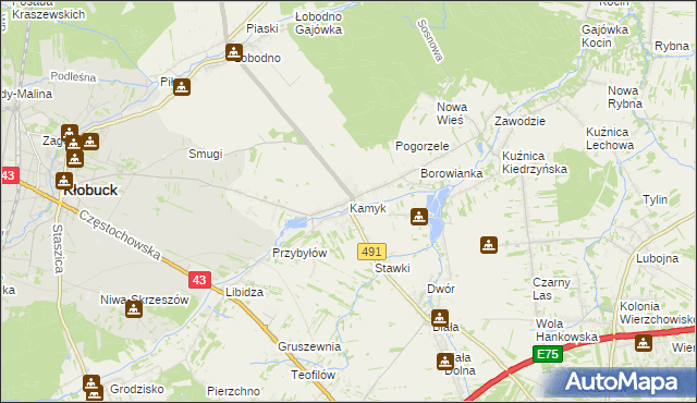 mapa Kamyk gmina Kłobuck, Kamyk gmina Kłobuck na mapie Targeo